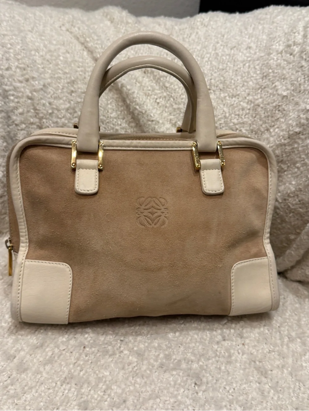 Loewe Amazona Vintage Beige Suede Satchel with Cream Leather Trim